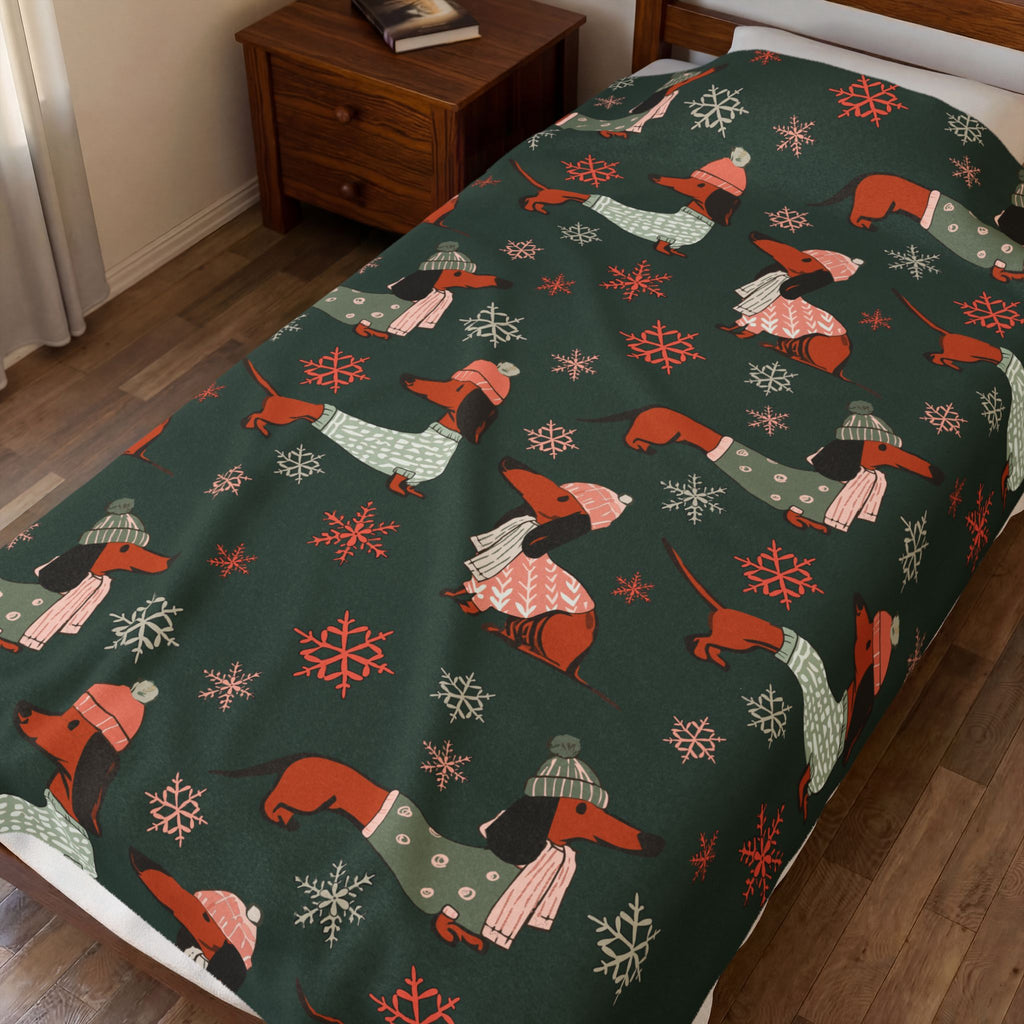 Dachshund Through The Snow (Evergreen) - Plush Blanket
